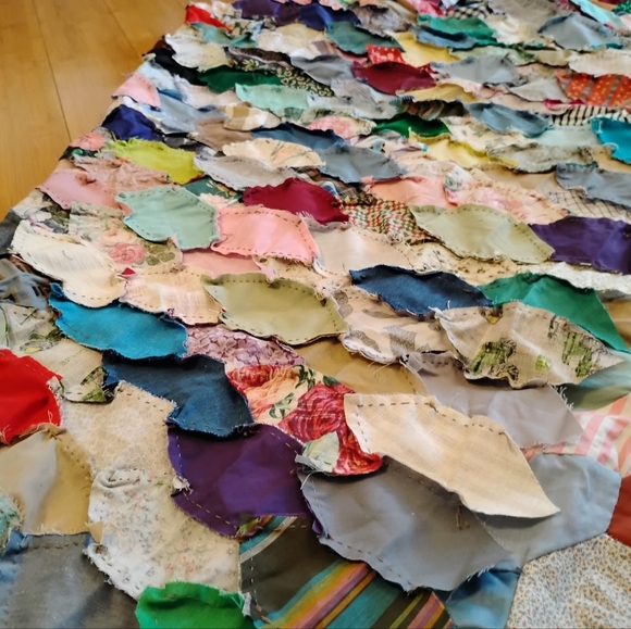 Vintage, Hand-Sewn, Large Hexagon Patchwork Quilt TOP-  8 Ft x 8 Ft